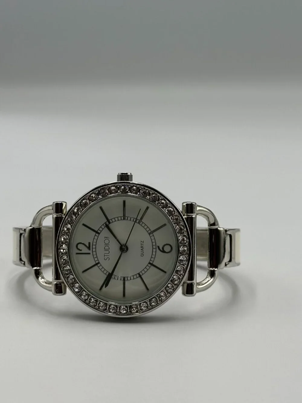 3/$30 Studio Time Watch Women Silver Rhinestone Bezel White Enamel Band 6.25